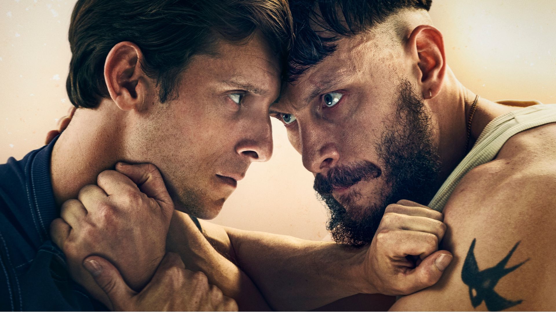 Jamie Bell and Richard Gadd hold each other in an awkward grip