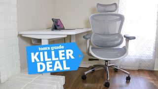 An office chair next to a desk with a Tom's Guide Killer Deals deal badge