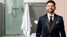  picture of modern bathroom with shower and towel hanging with cut out of Mr Carrington in front