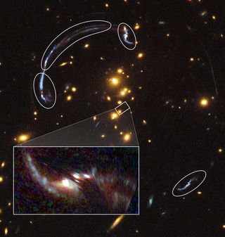 This graphic shows a reconstruction (lower left) of what scientists call the brightest galaxy ever seen through a gravitational lens. The small rectangle at center shows the location of the background galaxy if the intervening galaxy cluster RCS2 032727-132623 was gone. The rounded outlines show the distorted images of the background caused by the lens.