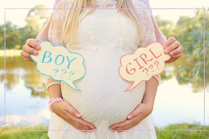 Pregnant woman with boy or girl cards