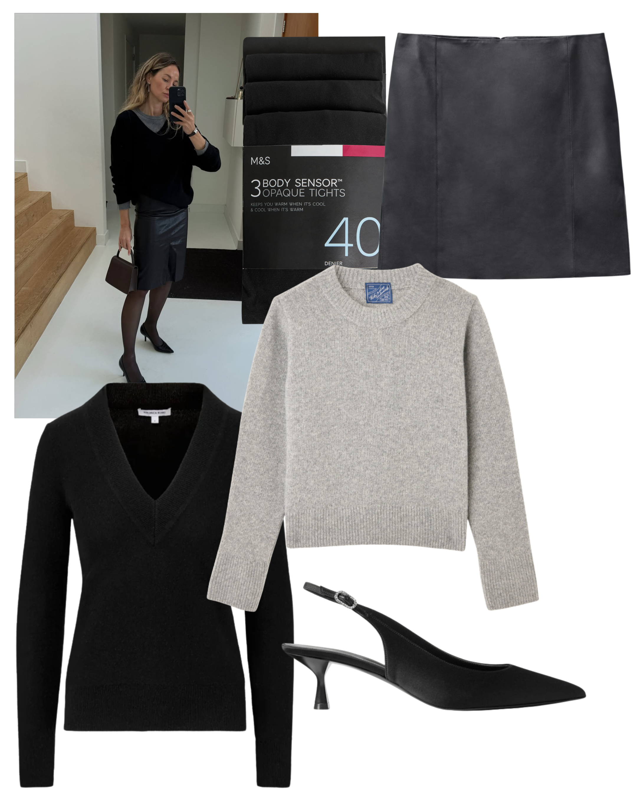 @anoukyve wears black leather skirt, tights and two jumpers