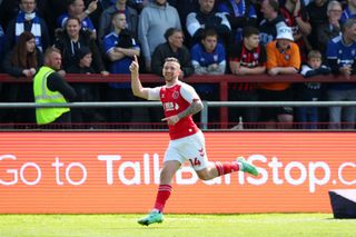 Jack Marriott of Fleetwood Town celebrates after scoring the team's second goal during the Sky Bet League One between Fleetwood Town and Ipswich Town at Highbury Stadium on May 07, 2023 in Fleetwood, England.