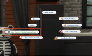 The Sims 4 mod - Custom food interactions - A radial menu with several special food choices, including "Make Vampire-friendly custom food"