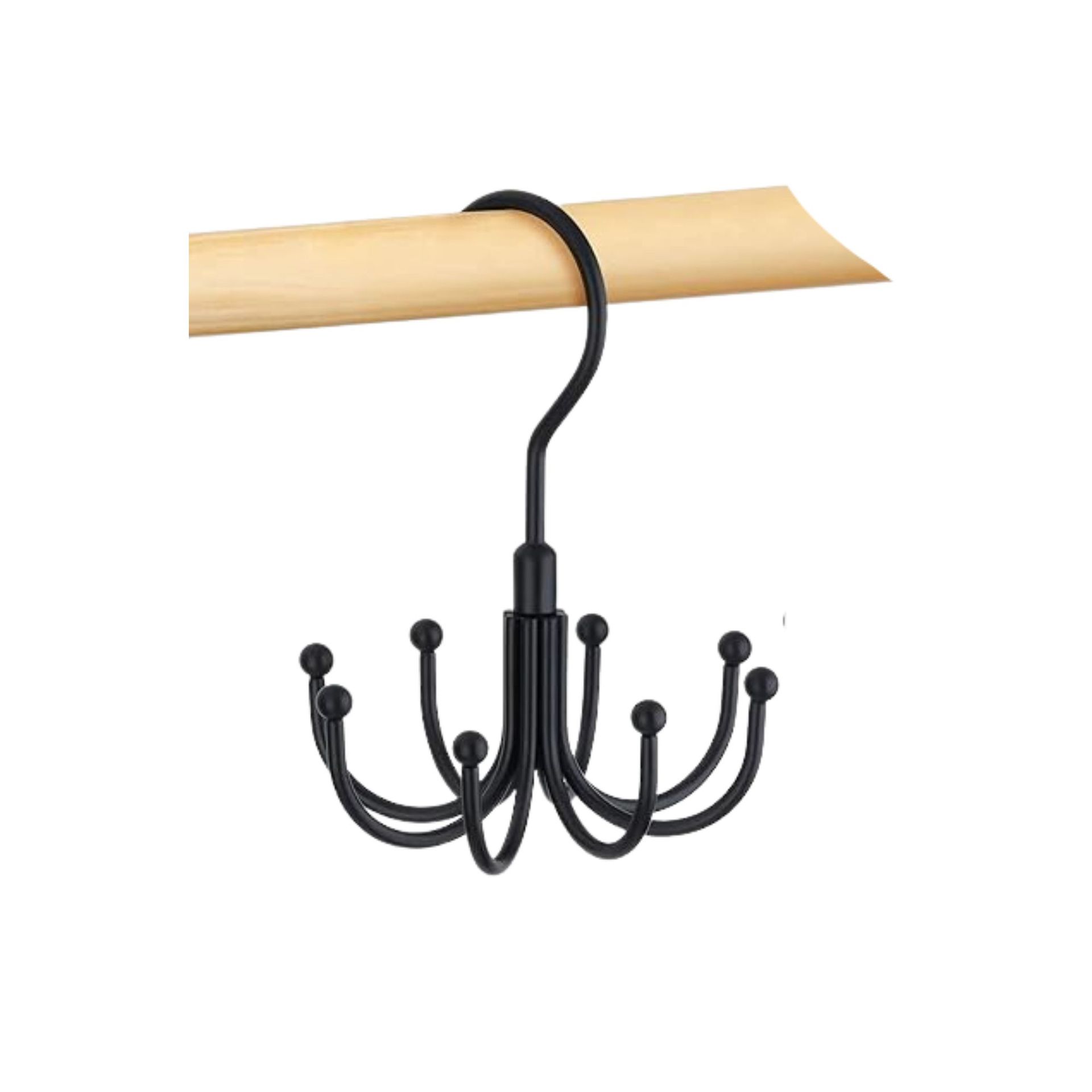 A wooden pole with a dark brown umbrella-shaped hanger hanging from it