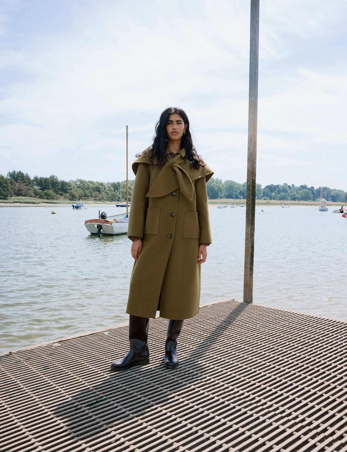 Green Wool-Blend Scarf Shawl Coat
