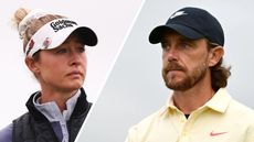 Nelly Korda (left) and Tommy Fleetwood (right) both look on with serious expressions on their faces