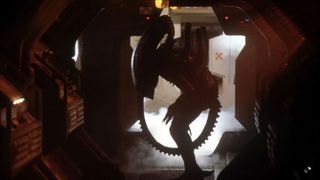 A Black Alien Xenomorph stands menacingly in a metallic hallway with smoke/steam coming from behind it