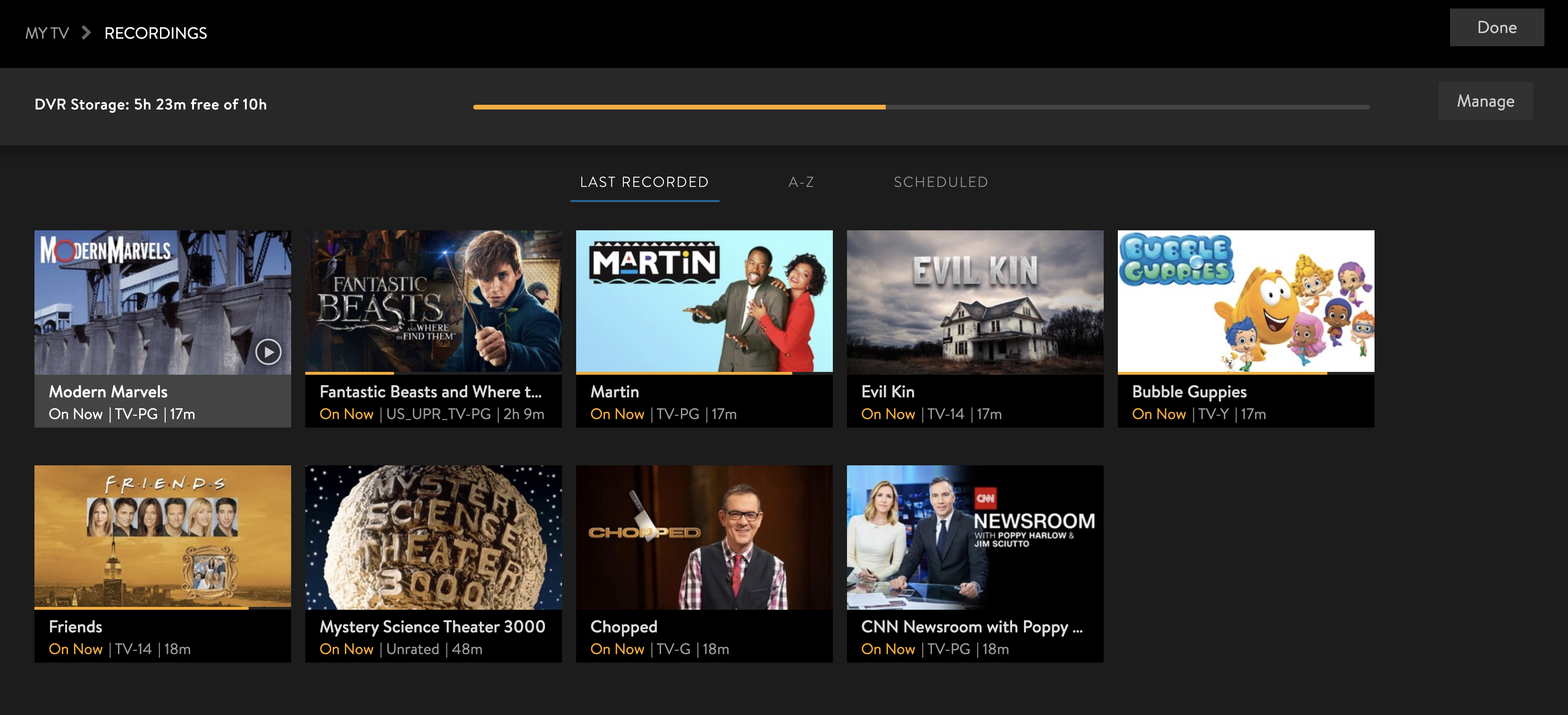 The Sling TV DVR section