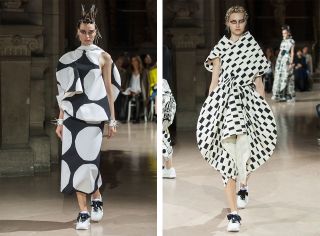 1 Model wearing polka dot dress and 1 model wearing black and white square pattern dress
