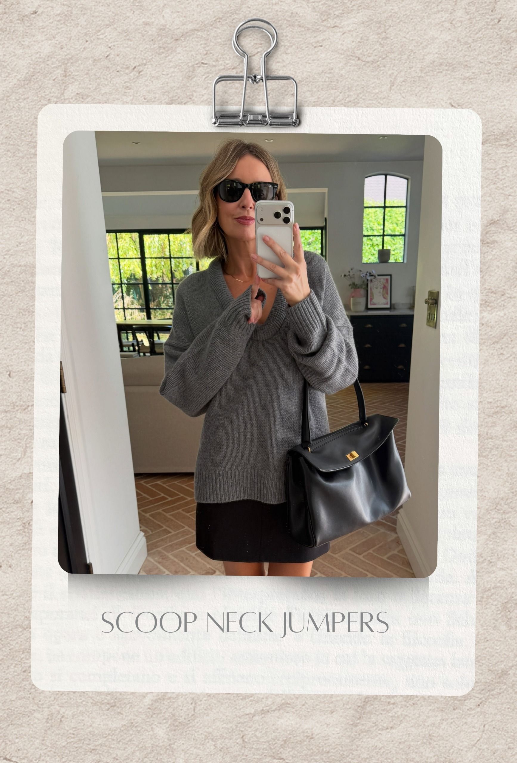 autumn 2026 cult buys: Emma Rose Thatcher wears a grey scoop neck jumper, black mini skirt and black flap bag