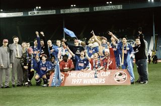 Leicester City players celebrate their League Cup final win over Middlesbrough in April 1997.