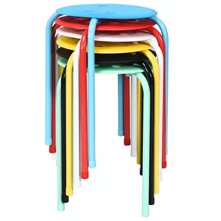 6 Plastic backless Stools stacked on top of each other. From top to bottom the colors are blue, red, white, yellow, black and green