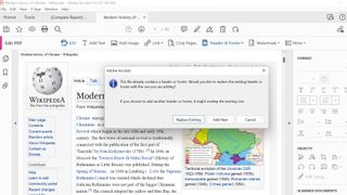 Screengrab of Adobe Acrobat Pro DC showing dialog box about adding header