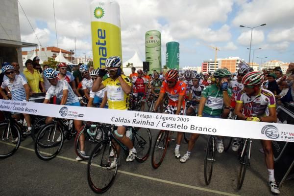Riders line up for the start of the first road stage of the Volta a Portugal.