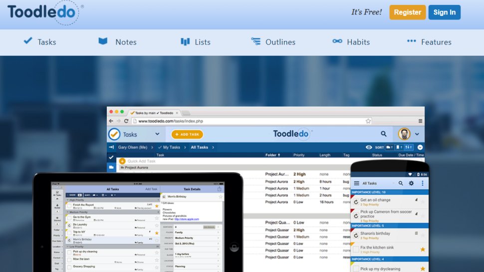 Website screenshot of Toodledo (September, 2025)