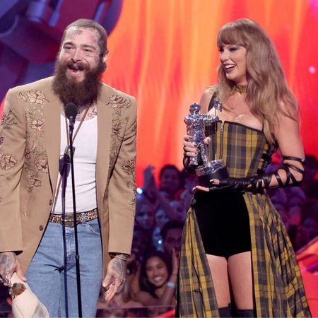 Post Malone and Taylor Swift accept the Best Collaboration award for "Fortnight" on stage during the 2024 MTV Video Music Awards at UBS Arena on September 11, 2024 in Elmont, New York.