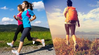 Two women power walking left image, right image woman hiking with back to camera