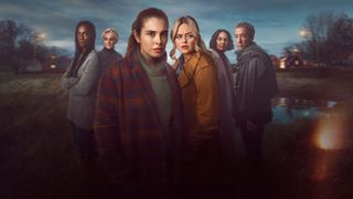 Promo shot for The Rumour of all the cast wearing coats and serious looks on their faces 