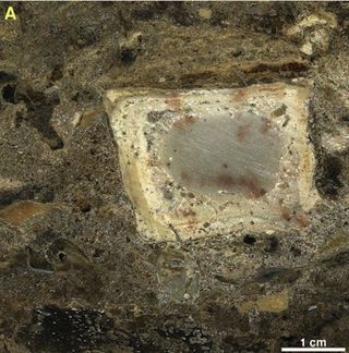Excavators took a chunk of sediment from the Qesem Cave's 300,000-year-old hearth and cut it into thin slices to examine under a microscope. This scan shows burnt bone and rock fragments within the gray ash residue.
