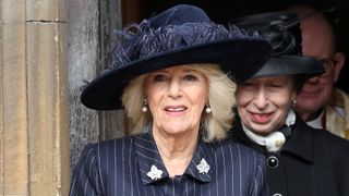 Queen Camilla departs the Thanksgiving Service for King Constantine of the Hellenes at St George's Chapel on February 27, 2024