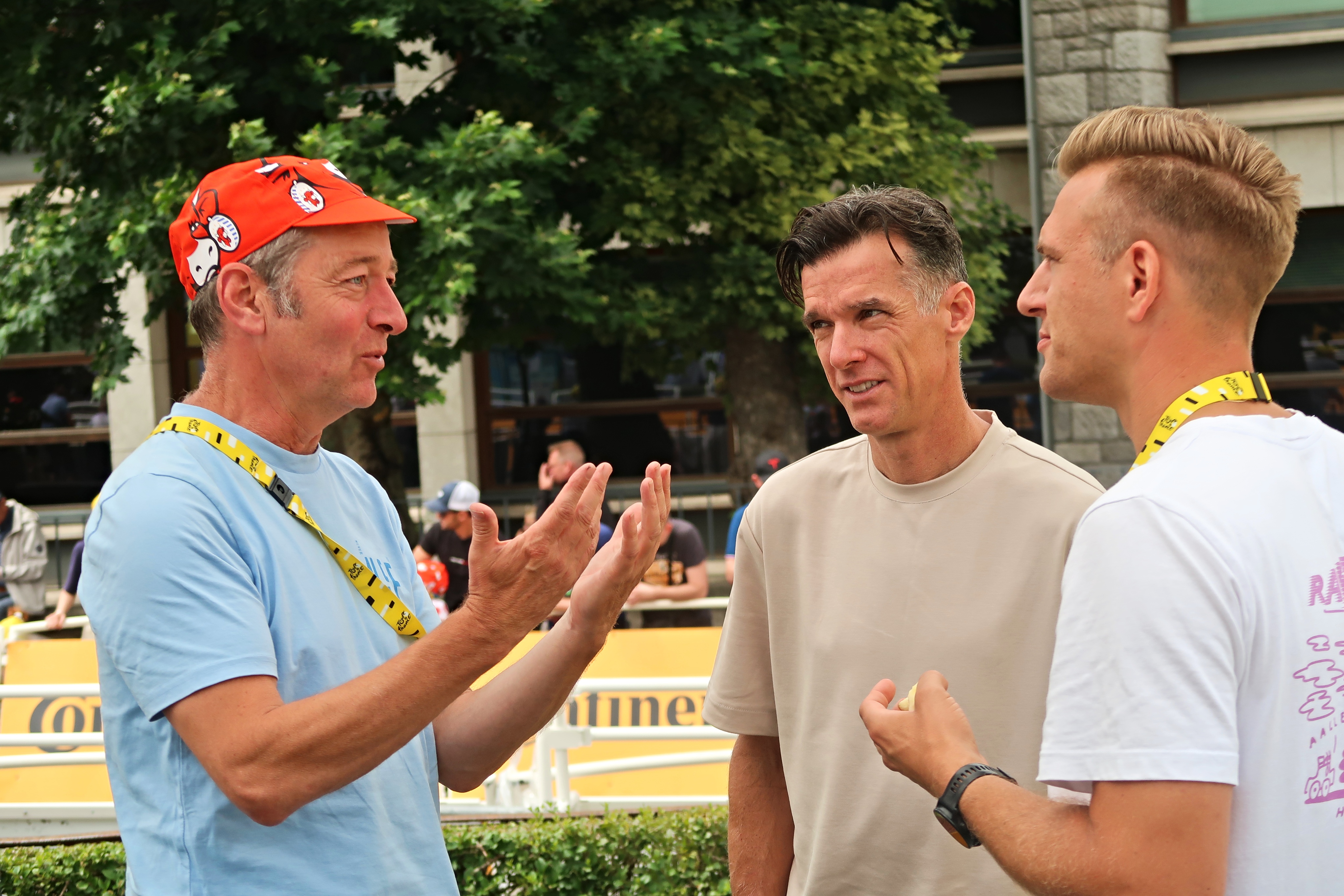 Ned Boulting, David Millar and Marcel Kittel at the Tour de France
