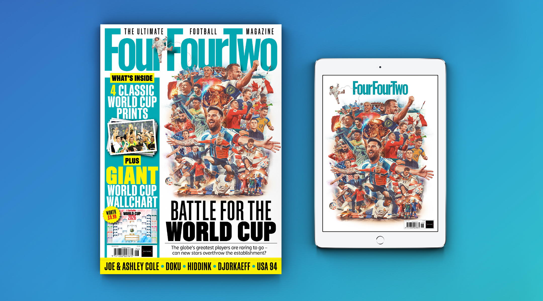An illustrated cover of FourFourTwo magazine 392 plus an iPad with the subscriber cover displayed. The cover features illustrations of all the stars of the 2026 World Cup such as Lionel Messi etc