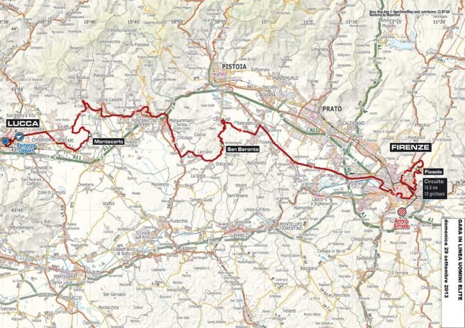 Map of the Florence 2013 elite men's road race championship course