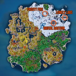 Fortnite winterfest quest challenge map locations for hiding inside snowballs at Lonely Labs, Brutal Bastion, and Frosty Firs