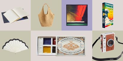 A cutout image featuring different products, including a notebook, a toteback, a scarf, a book, a fan, a watercolor set, and a camera.