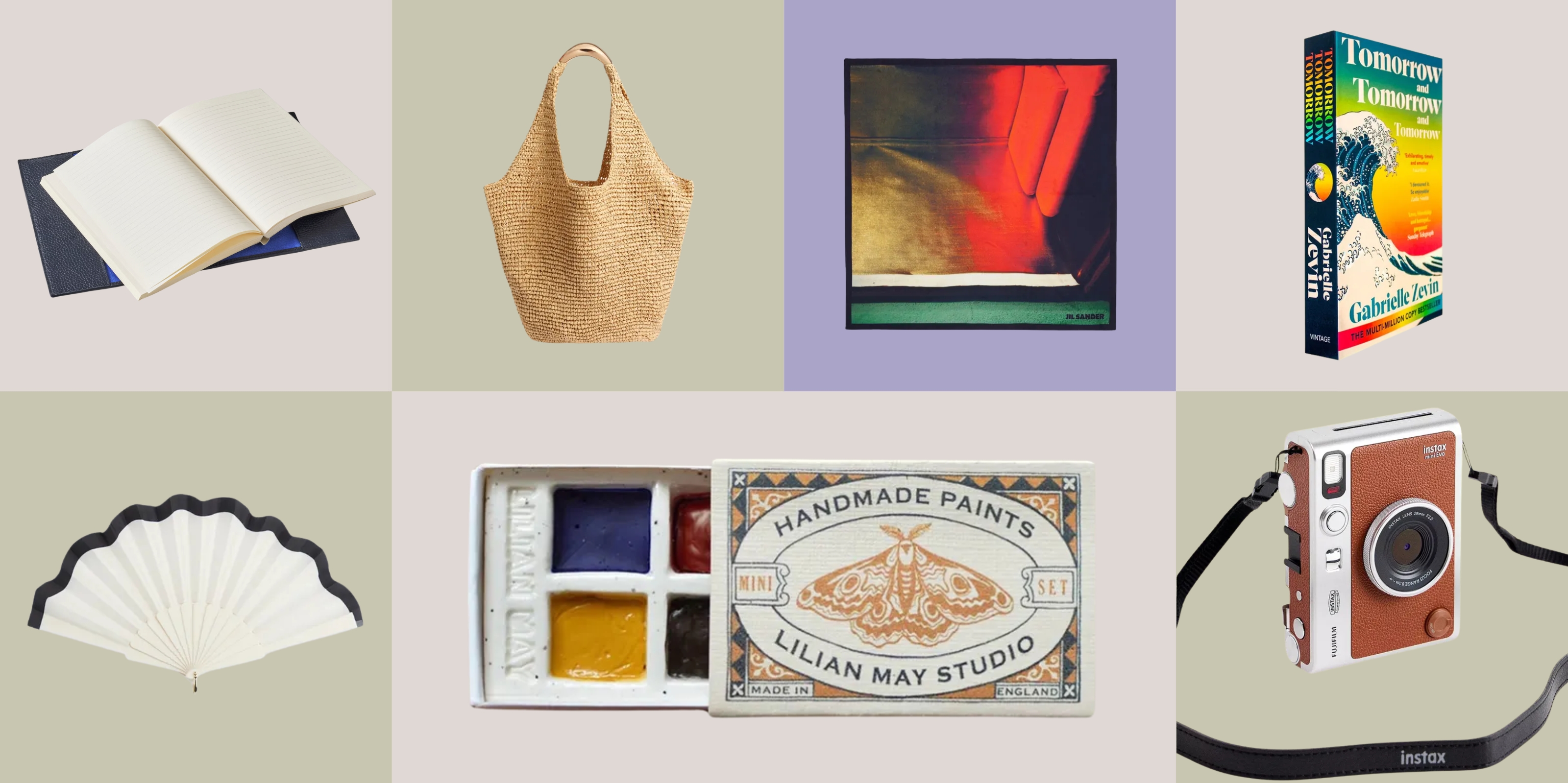 A cutout image featuring different products, including a notebook, a toteback, a scarf, a book, a fan, a watercolor set, and a camera.