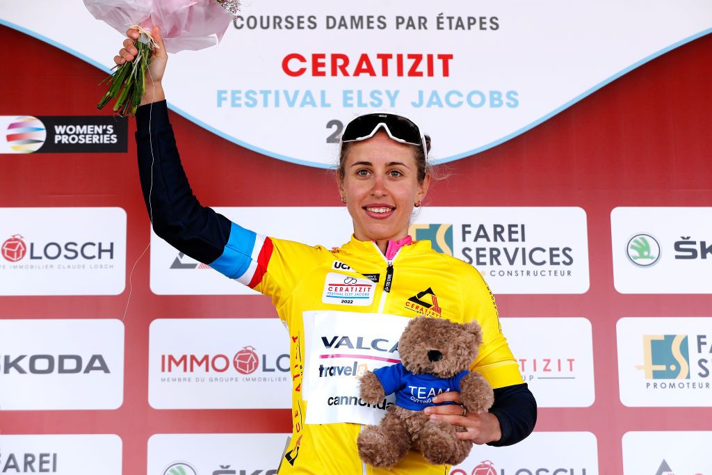 Silvia Persico of Italy and Team Valcar-Travel &amp; Service wears the yellow overall leader&#039;s jersey at Festival Elsy Jacobs