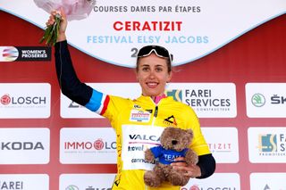Silvia Persico of Italy and Team Valcar-Travel & Service wears the yellow overall leader's jersey at Festival Elsy Jacobs