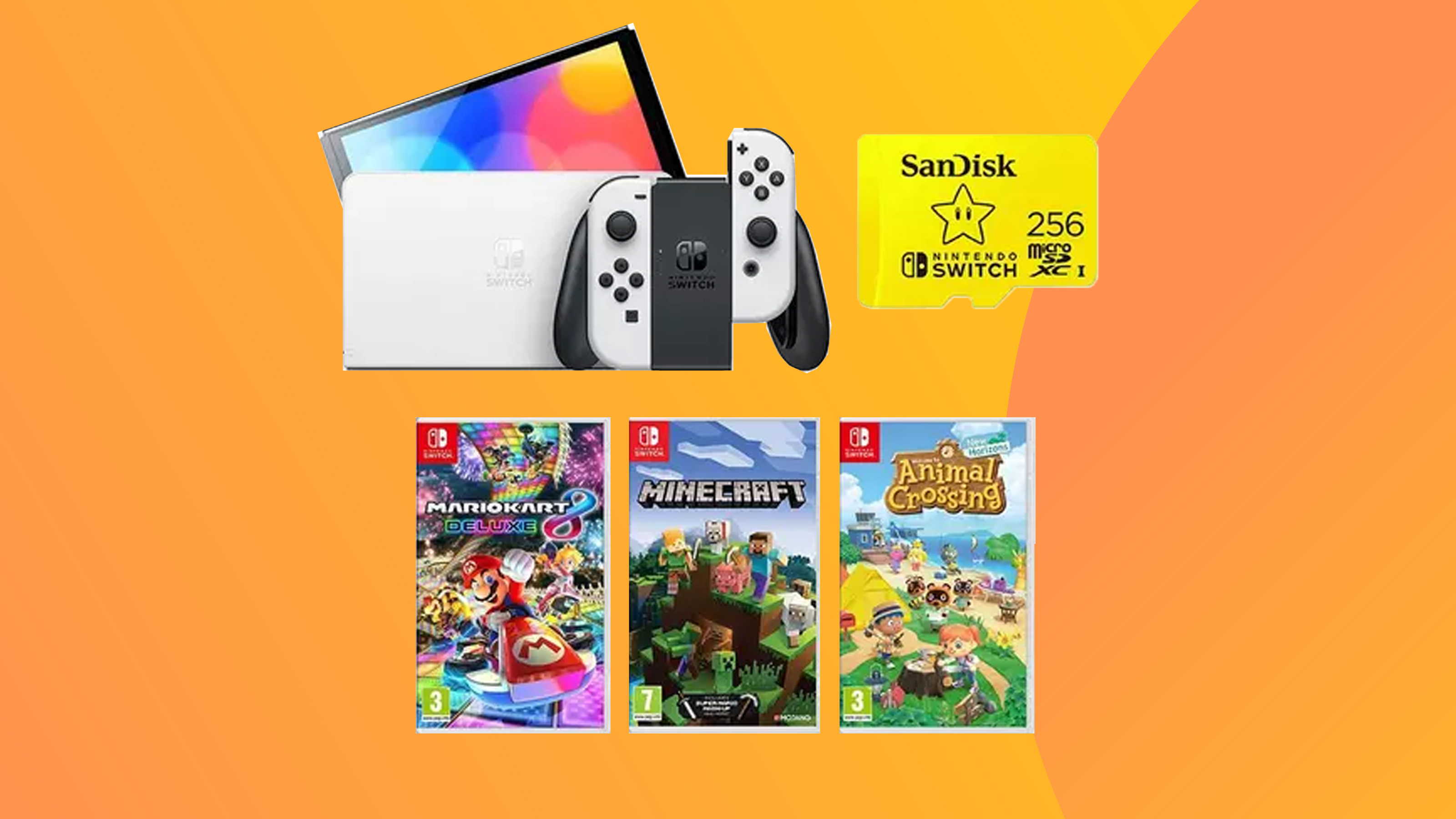A product shot of the Nintendo Switch OLED bundle against a colorful background