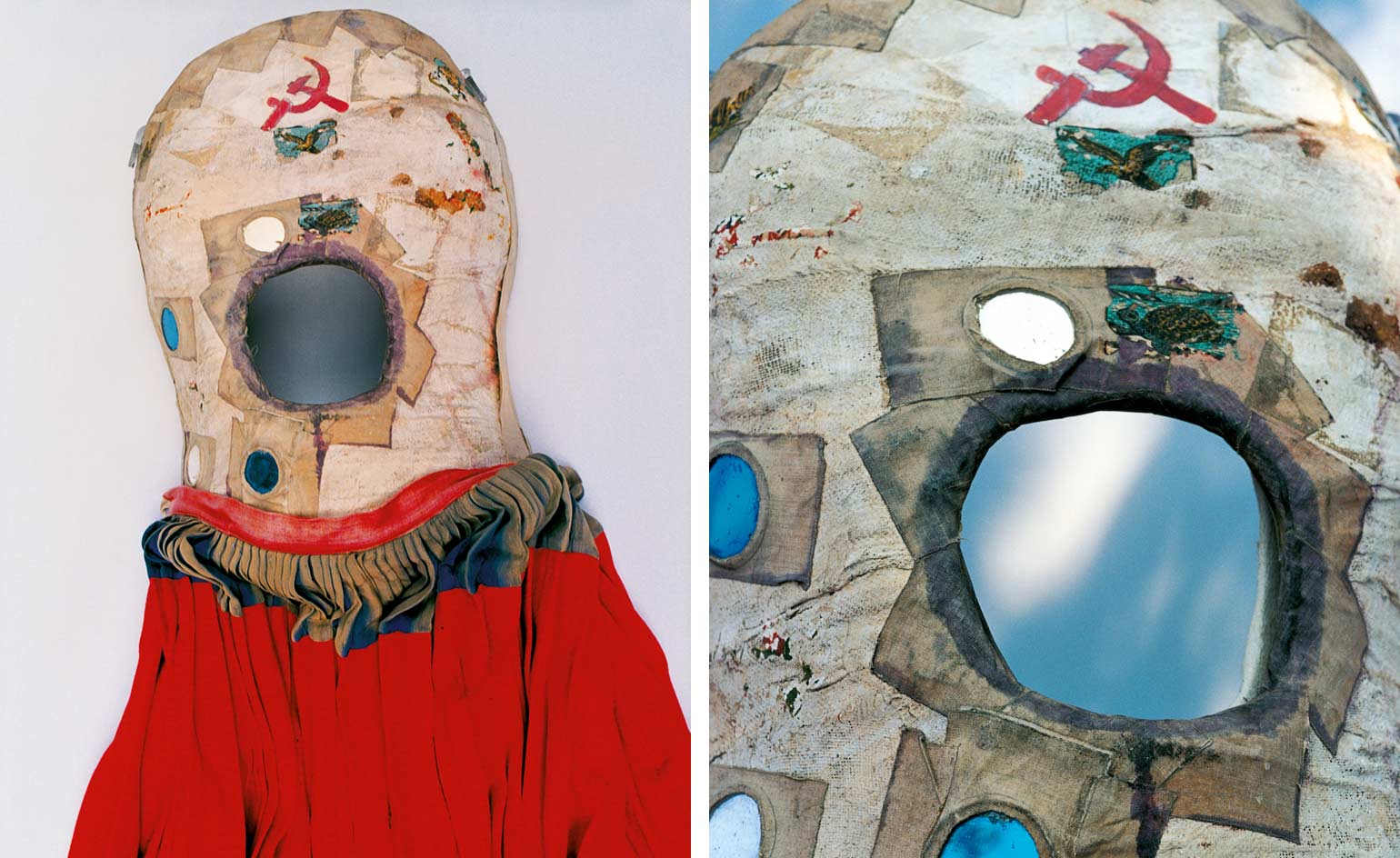 Frida by Ishiuchi #100, 2012-2015, by Isiuchi Miyako, one of Kahlo’s corseted skirts, with a large whole in its centre and a hammer and sickle motif