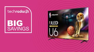 The Hisense 85-inch U6N Mini-LED QLED 4K TV on a pink background with text saying Big Savings.