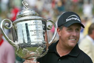 Phil Mickelson holds the Wanamaker Trophy after winning the 2005 PGA Championship