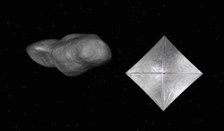 A still from a clip explaining the technology of a solar sail that would propel the Near-Earth Asteroid Scout mission to its target.