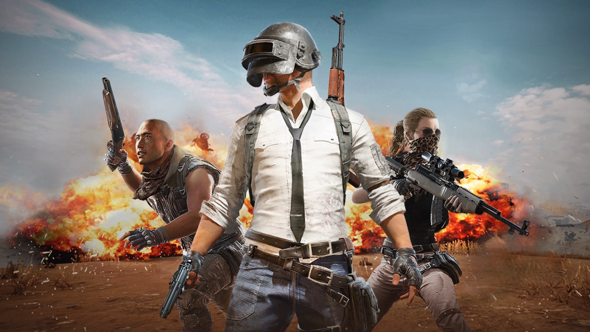 best battle royale games - three characters with guns drawn, a huge explosion behind them