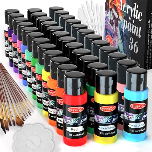 55pcs Acrylic Paint Set of 36 Colors 2fl Oz 60ml Bottles 12 Brushes,non Toxic 36 Colors Acrylic Paint No Fading Rich Pigment for Kids Adults Artists Canvas Crafts Wood Painting