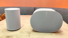 Listing image for best Sonos speakers showing Sonos Era 100 and Sonos Era 300 side-by-side in white at Sonos demo