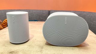 Listing image for best Sonos speakers showing Sonos Era 100 and Sonos Era 300 side-by-side in white at Sonos demo