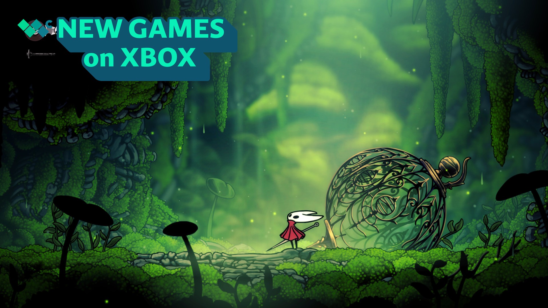 Hollow Knight: Silksong art with Hornet looking up at text that says &quot;New Games on Xbox&quot;