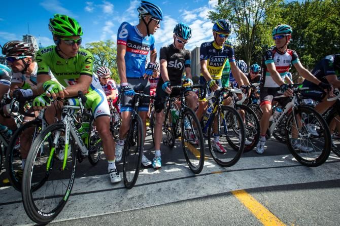WorldTour stars on the start line in Quebec included (L-R) Peter Sagan, Ryder Hesjedal, Chris Froome, Alberto Contador and Andy Schleck