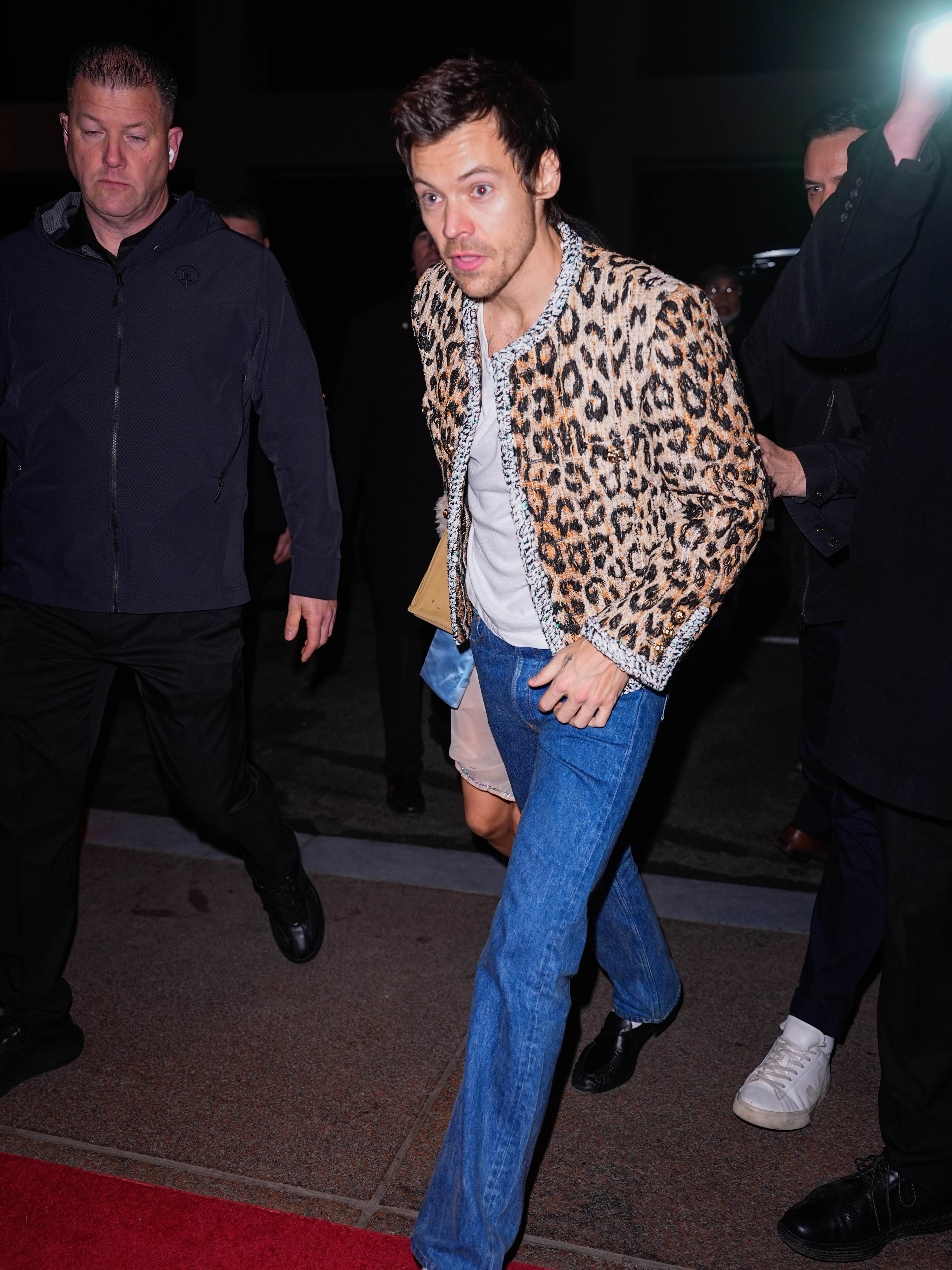 Harry Styles wearing a leopard print jacket, a t-shirt, jeans, and loafers