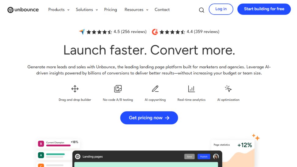 Website screenshot of Unbounce (August, 2025)