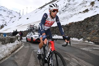 Trek-Segafredo's Vincenzo Nibali climbs the Passo dello Stelvio during stage 18 of the 2020 Giro