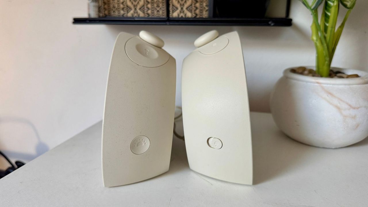 Beige Hatch Restore 3 next to beige Hatch Sleep Clock on white surface