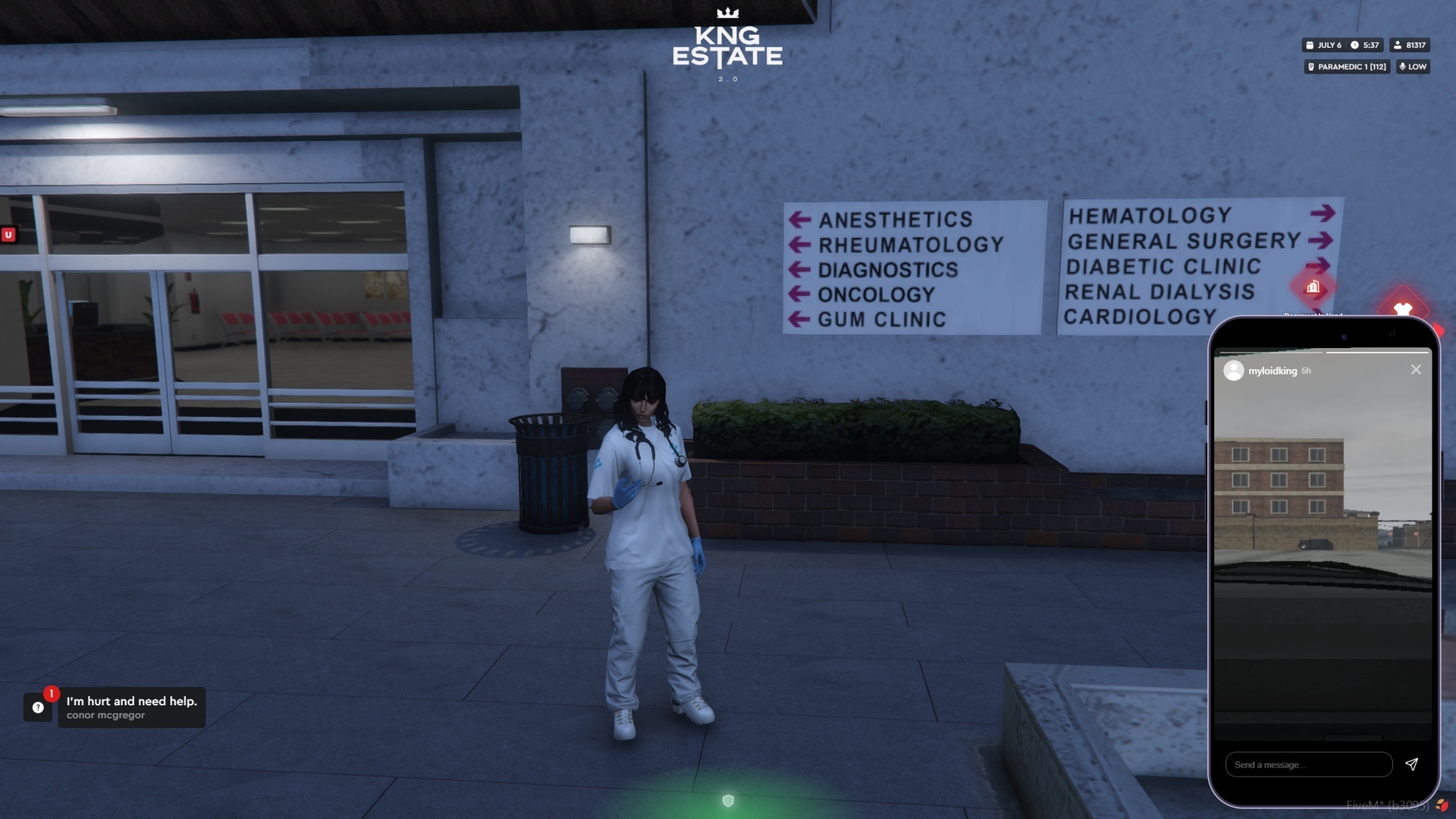 GTA RP screenshots from a modded version of GTA Online, showing a character in medical scrubs