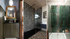 Dark small bathroom ideas are so chic. Here are three of these - one with a dark brown vanity and curved gold mirror, one of a shower with black patterned tiles, and one of a dark green tiled shower with a copper showerhead